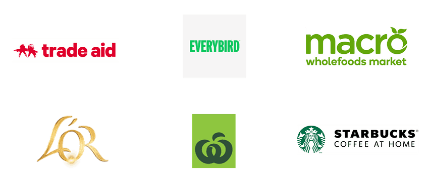 Logos for Trade Aid, Everybird, Macro, L'OR, Countdown own brand, and Starbucks coffee at home