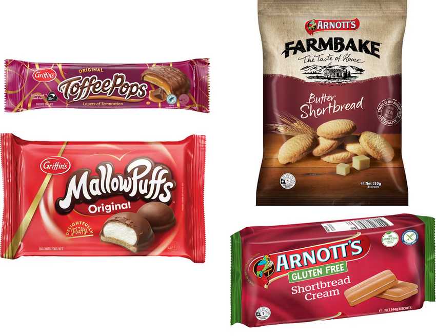 a selection of Griffins chocolate biscuits and Arnotts sweet biscuits