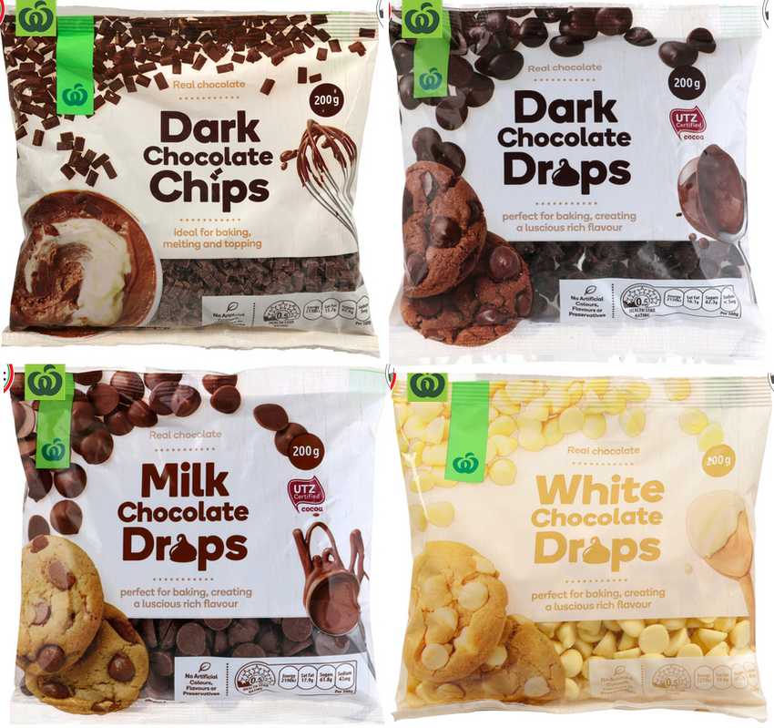 bags of dark choc chips and dark, milk and white chocolate drops