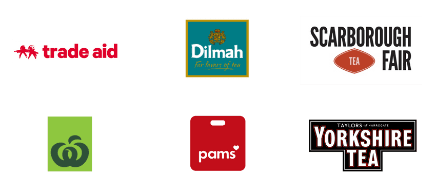Logos for Trade Aid, Dilmah, Scarborough Fair, Countdown own brand, Pams, and Taylors of Yorkshire