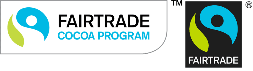 Two Fairtrade logos: one black in portrait orientation with a waving farmer and the other white and landscape including the words Cocoa Program.