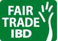 Green fair trade ibd logo. It has a white hand to the right of the words.