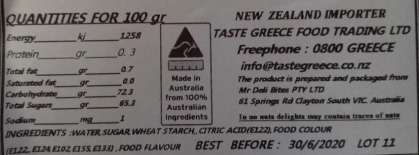 sweets label: "made in Australia from 100% Australian ingredients"