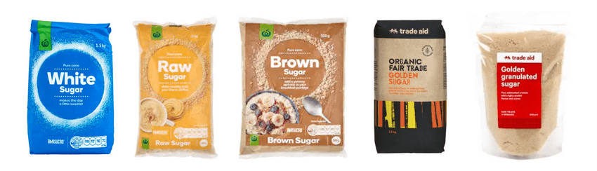 Countdown own brand White, Raw, and Brown sugar, and Trade Aid's Organic golden sugar and Golden granulated sugar