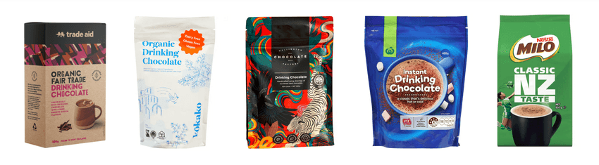 Drinking chocolate by Trade Aid, Kokako, Wellington Chocolate Factory, Countdown own brand, and Milo