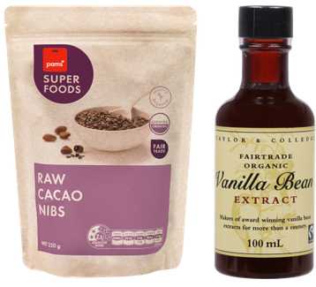 Pams superfoods cacao nibs and Taylor and Colledge vanilla essence