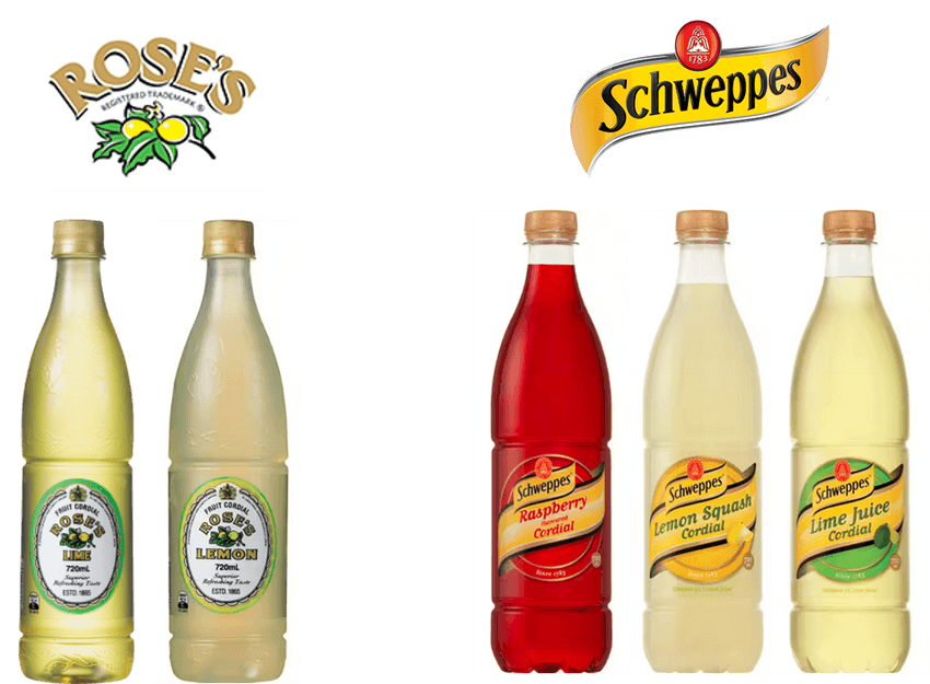 Logos for Roses and Schweppes with examples bottles from each brand underneath